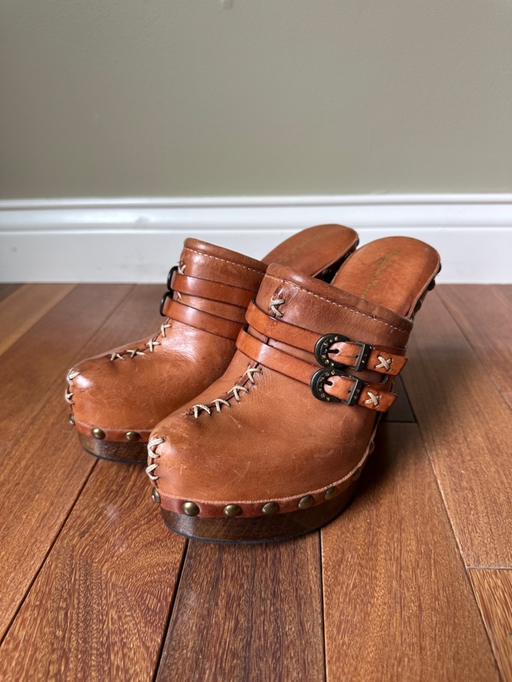 Women's Brown Leather Clog Mules with Buckle Straps